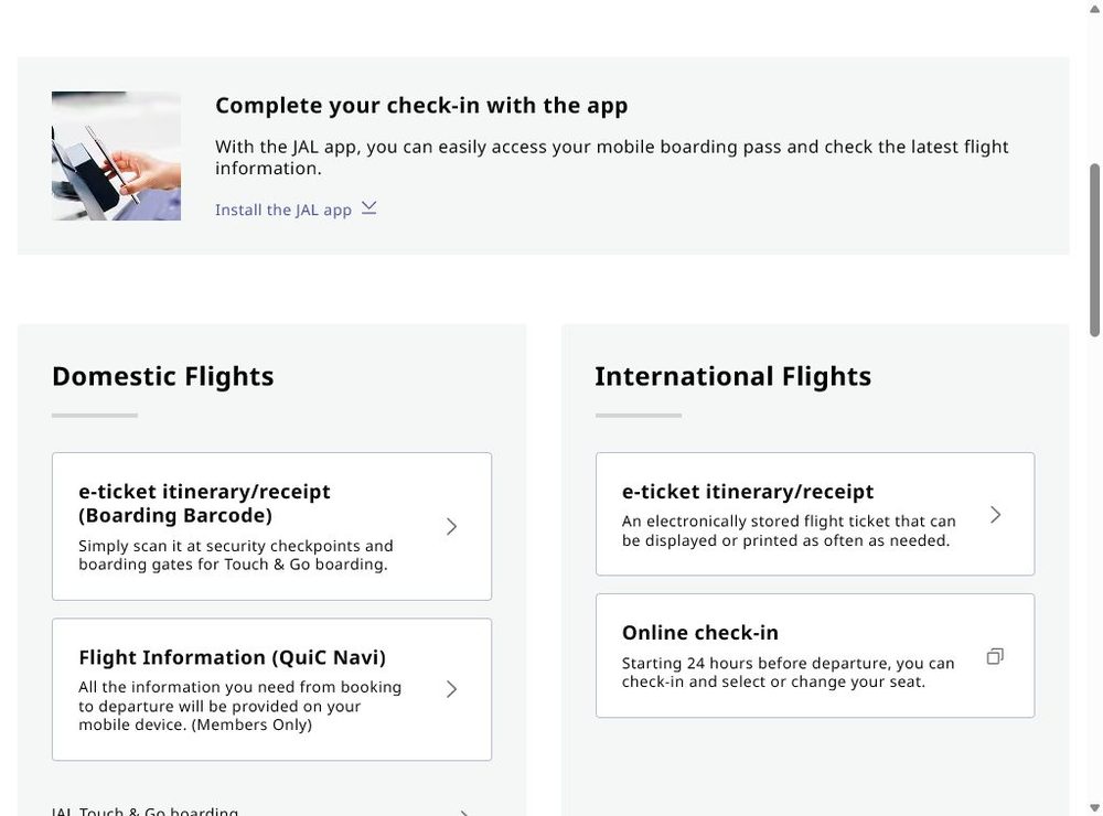 Онлайн-регистрация Japan Airlines: раздел Check-in в My Booking, вход по номеру билета/брони и фамилии